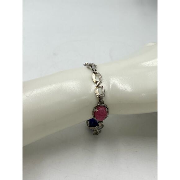 Scarab Multicolor Sterling Silver Bracelet Pinks Purples Fold Over Clasp - Picture 4 of 10